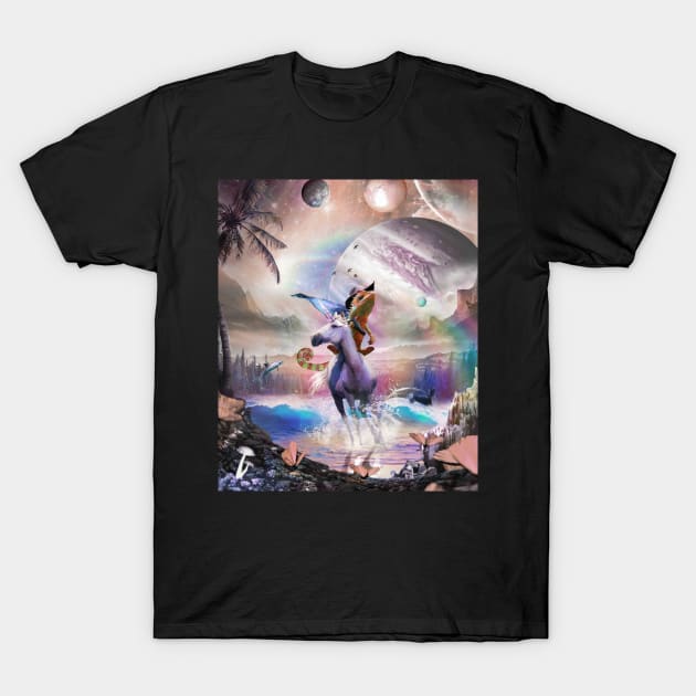 Cowboy Chameleon Lizard Riding Unicorn Beach Space Cute T-Shirt by Random Galaxy